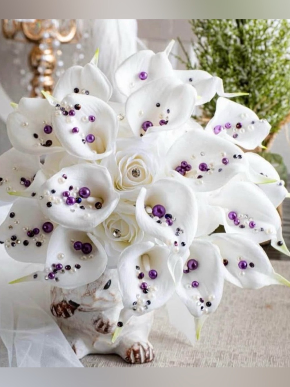 Hand Created Real Feel Calla Lily Wedding Bouquet w Purple Rhinestones & Beading